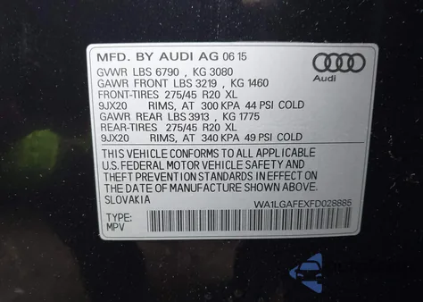 2015 Audi Q7 3.0T Premium из США, поврежденный, VIN WA1LGAFEXFD028885